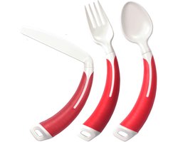Bestekset 3-delig rechtshandig (vork, lepel en mes), aangepast bestek met rechts gebogen handvat. Anti-slip greep, rood.