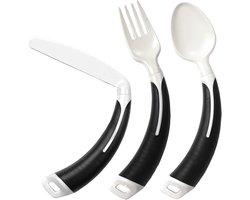 Bestekset 3-delig rechtshandig (vork, lepel en mes), aangepast bestek met rechts gebogen handvat. Anti-slip greep, zwart.