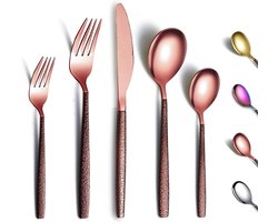Bestekset 30 stuks met maanoppervlak handvat en glanzende roségouden mond titanium coating, roestvrij staal koper moderne bestekset gebruiksvoorwerpen set service voor 6