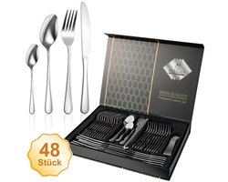 Bestekset -48-delige Bestekset-Roestvrijstalen bestekset - Elegant servies met luxe bestekdoos-Vaatwasserbestendig- Geschikt voor thuisdiner en restaurants- vakantiecadeau-Zilver