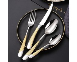 Bestekset 56-delig - Zilverwerk voor 14 - Eten met stijl - Gehamerde handgrepen - 14 personen - Goud