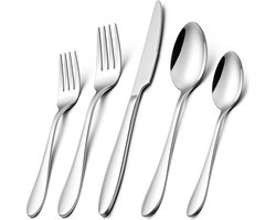 Bestekset, 60-delig roestvrij staal Bestekset voor 12 personen, zilver eetbestek met vork, lepel, messing set, modern tafelbestek, vaatwasmachinebestendig in roestvrij