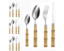 Bestekset Bamboe Handvat - Servies Zilverwerk - Dineren Thuis - Roestvrij Staal - 16 Stuks - Zilver