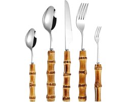 Bestekset Bamboe - Roestvrij Staal Bestek - Dineren Buiten - Natuurlijk Bamboe Handvat - 30 Delig - Zilver