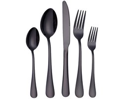 Bestekset van 5 stuks - Bestek van roestvrij staal - Herbruikbaar - Veilig keukengerei - Set van messen, vork en lepel - Spiegelgepolijst - Geschikt voor thuis, in restaurants, lunchboxen, op de camping en op reis - Zwart
