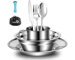 Bestekset van Roestvrij Staal voor 1 Persoon - Picknick Set met Bord Kom Vork Lepel Mes - Camping Reizen Servies Kit