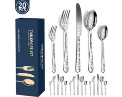Bestekset voor 4 personen – Servies - 20-delig roestvrijstalen bestek – zilver gepolijst patroon – inclusief messen, vorken en theelepels – geschikt voor keuken/eetkamer/feestjes
