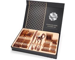 Bestekset voor 6 personen, 24-delig roestvrij staal, spiegelgepolijst serviesset om cadeau te geven, messen, vorken, lepel en koffielepel met geschenkdoos voor Kerstmis, camping, roségouden cadeauset