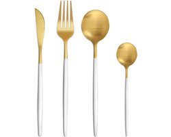 Bestekset voor 6 personen, 24-delige bestekset, met wit, goud, eetbestek, set met mij, Vork, lepel, hoogwaardige roestvrijstalen bestekset, vaatwasmachinefestig