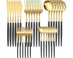 Bestekset voor 6 personen, 30-delig gemaakt van hoogwaardig roestvrij staal Bestekset, goudspiegel gepolijst, vaatwasmachinebestendig, dessertvork, theelepel, voor familie, restaurant, feest