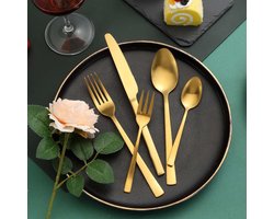 Bestekset voor 6 personen, 30-delige bestekset van roestvrij staal, met gouden bestekset met afmetingen, vooraf bewaard met borden, hoogglans gecontroleerd en machineveilig