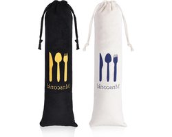 Bestekset voor onderweg - 2 stuks, groot formaat - draagbare en wasbare fluwelen bestekbox voor camping, picknick, school - bestek om mee te nemen - zwart-wit design