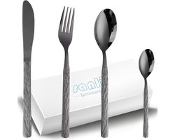 Bestekset Zwart Modern RVS voor 6 Personen | Mes, Vork, Lepel met Steenpatroon | Vaatwasmachinebestendig