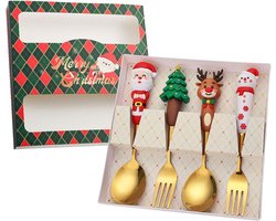 Besteksets - 4 stuks Kersttafelservice - kerst serviesset - Feestelijke bestekservice - Vork en lepel roestvrijstalen kerstbestekset - kerstservies - dessertlepel - vork - dekselset - RVS - Goud