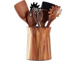 Bestekstandaard van hout voor op het aanrecht, 360° draaibaar keukengerei, 18,2 x 15,2 cm, grote acaciahouten kookgereihouder voor aanrecht, boerderij en keukendecoratie