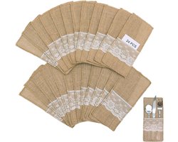 Bestekzakken - Set Van 24 - Linnen Zakken - Kant - Bestekhouders - Mes - Vork - Bestekzakken - Tafeldecoraties Voor Feesten - Bruiloften - Verjaardagen - Kerstmis