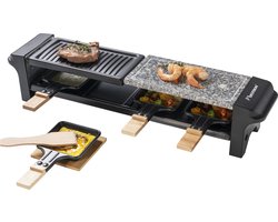 Bestron elektrische Gourmetstel, Raclette voor maximaal 4 personen, krasbestendige natuurlijke grillsteen & bakplaat met antiaanbakplaag, inclusief 4 pannen, 4 spatels & 4 Onderzetter, 650 Watt, kleur: zwart/hout