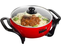 Bestron elektrische Hapjespan Ø26cm, multifunctionele Partypan met glazen deksel, met antiaanbaklaag & thermostaat, 1.500 watt, kleur: zwart/rood