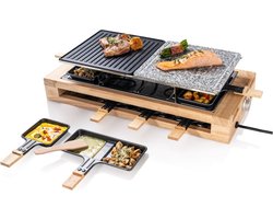 Bestron Gourmetstel, XL Raclette Grill set voor 8 personen, met natuurlijke grillsteen & antiaanbak grillplaat, incl. grote pannen set, 1500 Watt, kleur: zwart/ hout
