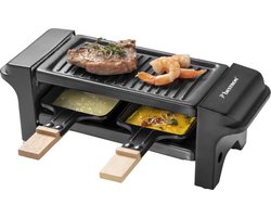 Bestron Mini Raclette, Gourmetstel voor 1 tot 2 personen, incl. 2 pannen, 2 houten spatels & 2 onderzetter, met antiaanbaklaag, 350W, kleur: zwaart/hout