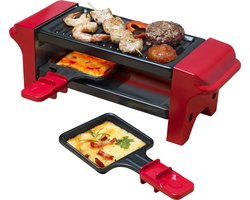 Bestron Mini Raclette, Gourmetstel voor 1 tot 2 personen, incl. 2 pannen & 2 houten spatels, met antiaanbaklaag, 350W, kleur: rood/zwart