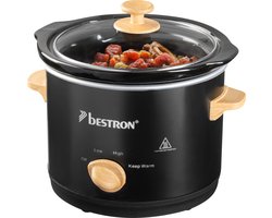 Bestron Slowcooker, met 3 programma's, keramische pan & glazen deksel, voor 2 Personen, 1.5L capaciteit, vatwasserveilig, 120 Watt, Black & Wood Collection, Kleur: Zwart/Hout