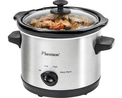 Bestron Slowcooker, met 3 programma's, keramische pan & glazen deksel, voor 2 Personen, 1,5L capaciteit, vatwasserveilig, 120 Watt, kleur: zilver