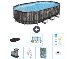 Bestway Ovaal Power Steel Zwembad - 610 x 366 x 122 - Grijs - Inclusief Pomp - Ladder - Afdekzeil - Onderhoudspakket - Verlichting - 8-delig