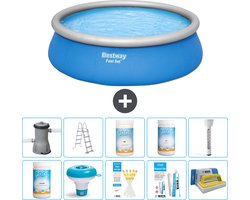Bestway Rond Opblaasbaar Fast Set Zwembad - 457 x 122 cm - Blauw - Inclusief Pomp - Ladder Chloor - Chloordrijver - Testrips - Reparatiesetje - Scrubborstel - PH-waarde - PH-waarde - Thermometer