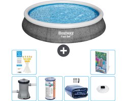 Bestway Rond Opblaasbaar Fast Set Zwembad - Rotanprint - 396 x 84 cm - Inclusief Pomp - Filter - Solarzeil - Verlichting - 7-delig