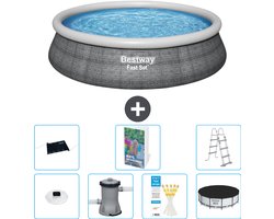 Bestway Rond Opblaasbaar Fast Set Zwembad - Rotanprint - 457 x 107 cm - Inclusief Pomp - Ladder - Afdekzeil - Solar Mat - Verlichting - 8-delig