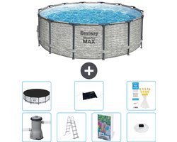 Bestway Rond Steel Pro MAX Zwembad - Steenprint - 427 x 122 cm - Inclusief Pomp - Ladder - Afdekzeil - Solar Mat - Verlichting - 8-delig