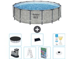 Bestway Rond Steel Pro MAX Zwembad - Steenprint - 488 x 122 cm - Inclusief Pomp - Ladder - Afdekzeil - Solar Mat - Verlichting - 8-delig