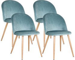 Betaalbare Goederen® Eetkamer Stoelen - Set van 6 - Aqua Blauw - Zachte Fluweel - Houten Poten