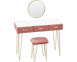 Betaalbare Goederen® Modern Dressoir - Roze - Kaptafel Met Spiegel En Verlichting - Klaptafel - Met Kruk - Cosmetische Tafel