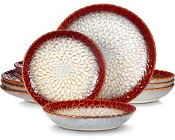 Betaalbare Goederen® Rood - 16-delig - Bloembladpatroom - Porselein - Borden - Bordenset - Serviesset 6 Persoons - Borden Set
