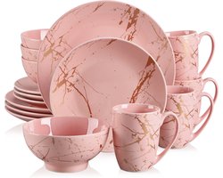 Betaalbare Goederen® Roze - 16-delig - Met Gouden Speters - Porselein - Borden - Bordenset - Serviesset 6 Persoons - Borden Set