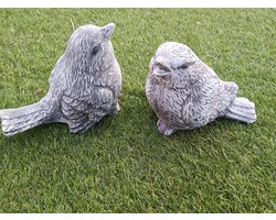 Betonnen Mussen Set van 2 - Tuinbeeld Vogels - Decoratieve Musjes Winterhard & Weerbestendig - Grijs - Hoogte 14 & 15 cm