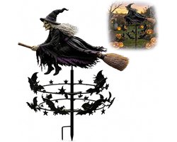 Betoverende Heksentuin-windspinner, metalen Halloween-tuindecoratie, tuinsteker voor buiten, Halloween-buitendecoratie met vliegende heks en bewegende vleermuisring, voor tuin, terras en tuinpad (1 stuk)