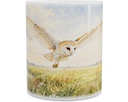Betoverende mok met illustratie van een vliegende kerkuil boven het Hollandse polderlandschap met molens - Sfeervolle aquarel theemok voor roofvogel fans - Uniek natuurcadeau voor op kantoor