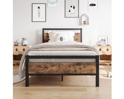 Bettgestell 90x200 cm Metaal & Hout - Stauraum - Lattenrost - Gast- en jeugdbed - Houten kop- en voetstuk - 200 kg belastbaar - Bruin