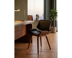 Beverly Luxe Eetkamerstoel Kunstleer - Comfortabele Gestoffeerde Stoel van Hout met Rugleuning - Retro Design Keukenstoel, Wachtkamerstoel & Bezoekersstoel - Walnoot/Zwart - Casa Serena