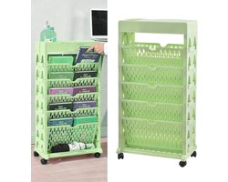 Beweegbaar boekenkast, kunststof op wielen, beweegbaar boekenkast, beweegbaar opbergrek met wiel, opbergrek met 5 niveaus, uittrekbare trolley voor slaapkamer, groen