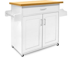 Beweegbare keukeneilanden, keukentrolley met kruidenbord, handdoekhouder en lade, keukenwagen op wieltjes, keukenkast met werkblad, van hout, keukentrolley, serveerwagen, 115 x 36 x 90 cm, wit