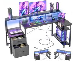 Bexevue L Vormig Bureau - 150 Cm - Modern Hoekbureau Met LED En Stopcontacten - Gaming En Werktafel Met 2 Laden - Omkeerbare Planken En Grote Monitorstandaard - Voor Thuis Kantoor En Slaapkamer