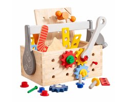 Bextunio Houten Kinder Gereedschapskist (57-delig) – Educatieve Tool Box met Schroeven, Moeren & Gereedschap – Montessori Speelgoed voor Kinderen 3+