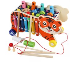 Bextunio Houten Tijger Speelgoed 8-in-1 – Xylofoon, Hamertje Tik & Trekspeelgoed – Educatief Montessori Speelgoed – Vanaf 1 Jaar
