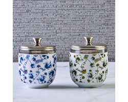 BIA Set van 2 Vintage Eiercoddlers – Porseleinen Eierdopjes met Roestvrijstalen Deksel – Luxe Eierbakje voor Soft Boiled Eieren – Blauw/Groen/Wit