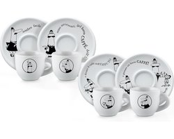 Bialetti Koffiekopjes met Schotels – Set van 4 – Porselein – Wit – Origineel Italiaans Design