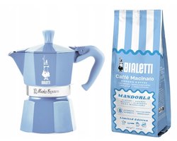 Bialetti Moka Express 3tz Blauw met Amandelkoffie 250g